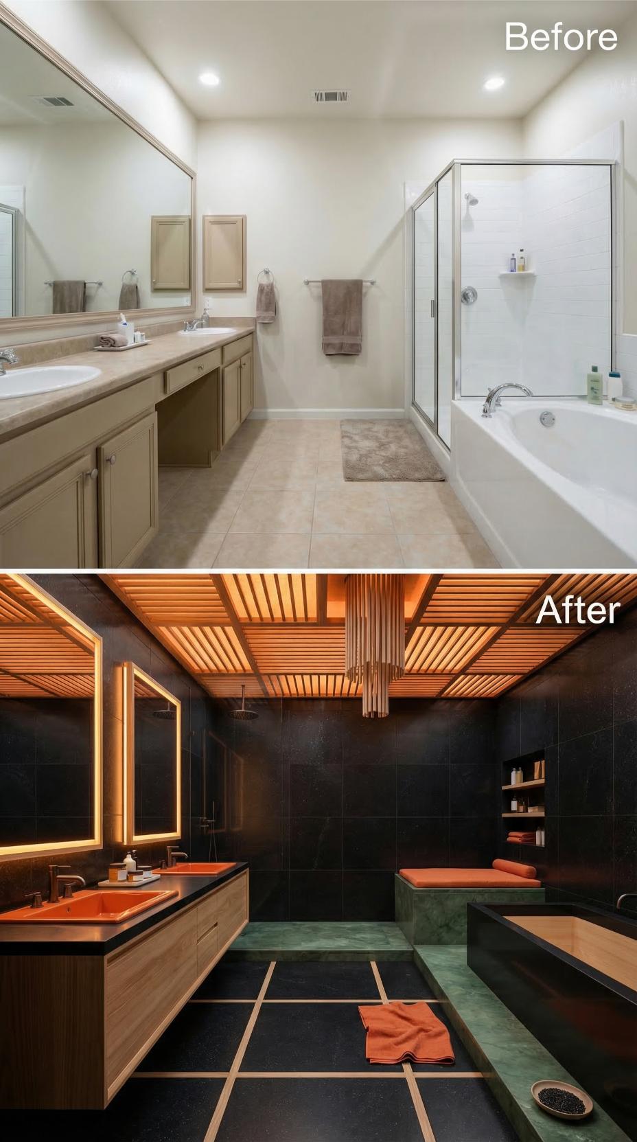 Slatted Cedar Ceiling, Orange Vessel Sinks, and a Green Stone Tub Platform Walk In