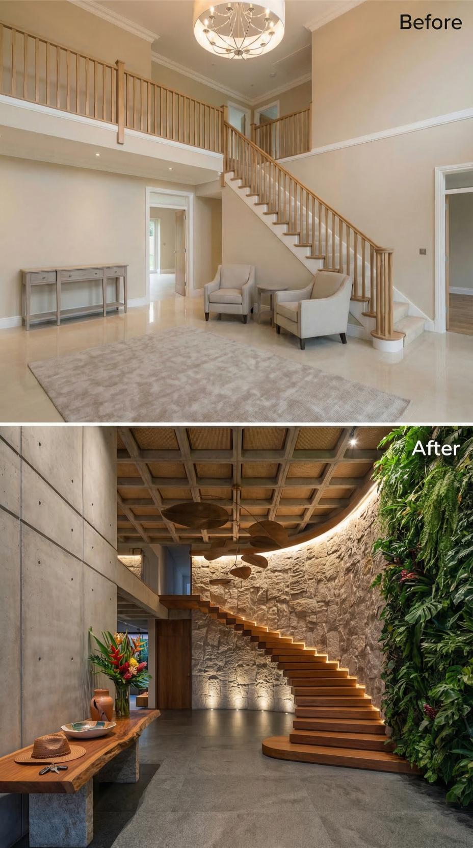 Raw Concrete, a Living Green Wall, and Floating Wood Treads Replaced Beige and Oak Balusters