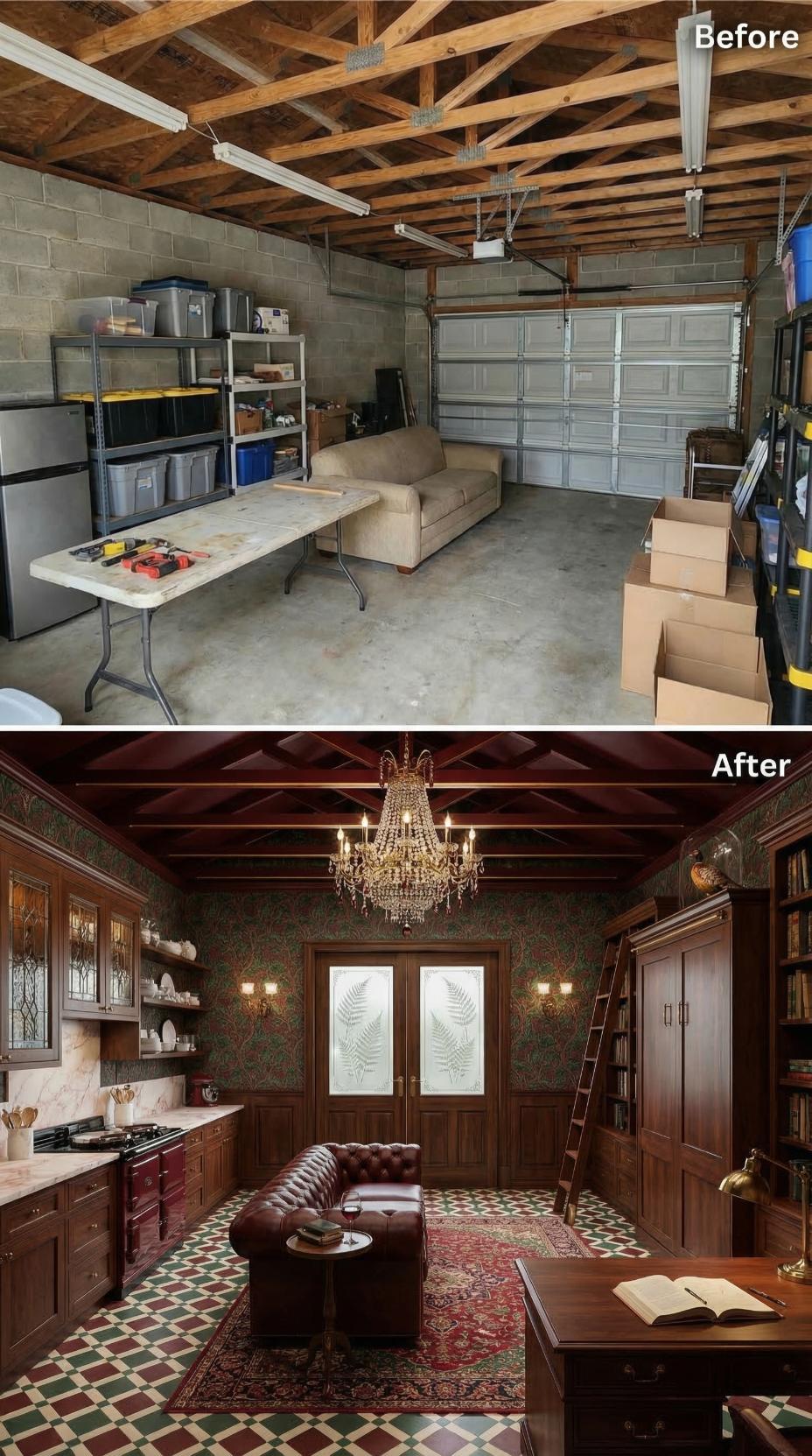 Dark Mahogany Paneling and a Crystal Chandelier Gave One Garage a Victorian Library Makeover