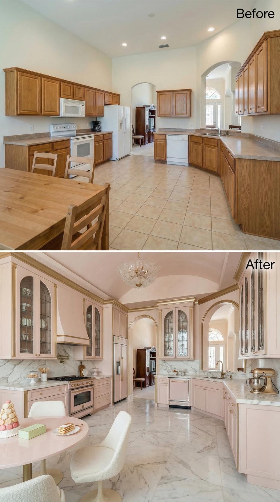 Blush Cabinets, Gold Trim, and Leaded Glass Recast a Builder Kitchen in Regency Pink