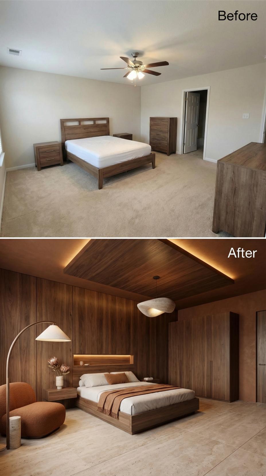 Recessed Wood Ceiling and Backlit Headboard Wrap the Room in Walnut
