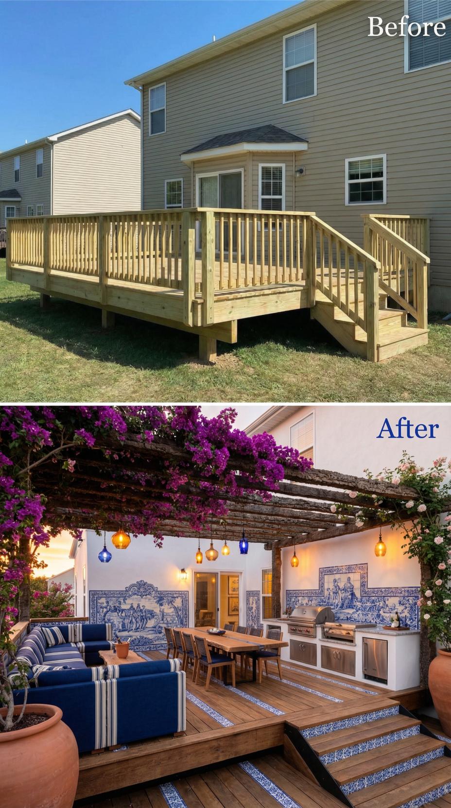 Builder-Grade Pine Deck Turned Portuguese-Inspired Outdoor Kitchen