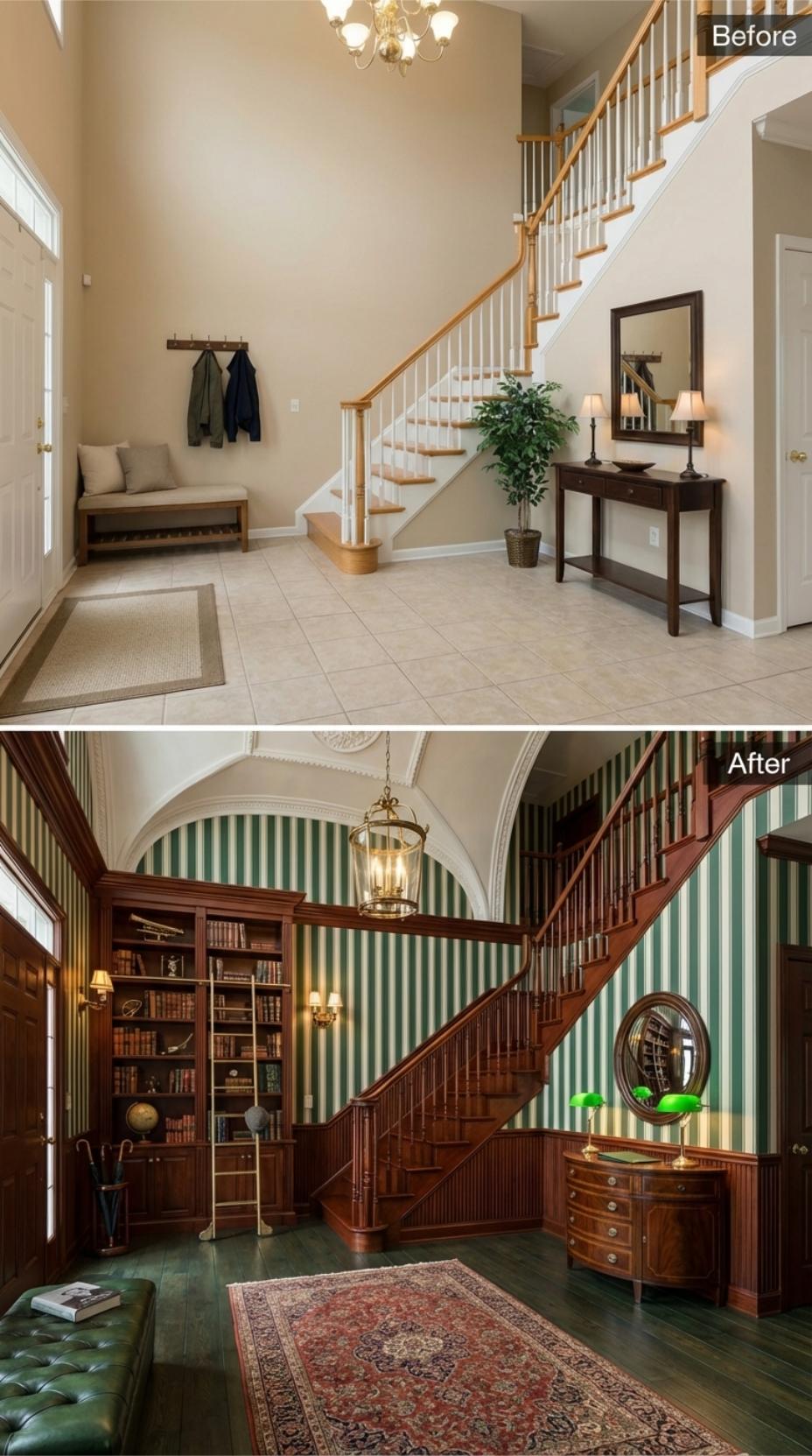 Striped Wallpaper, Dark Wainscoting, and a Library Wall Pull a Builder Foyer into Victorian Territory