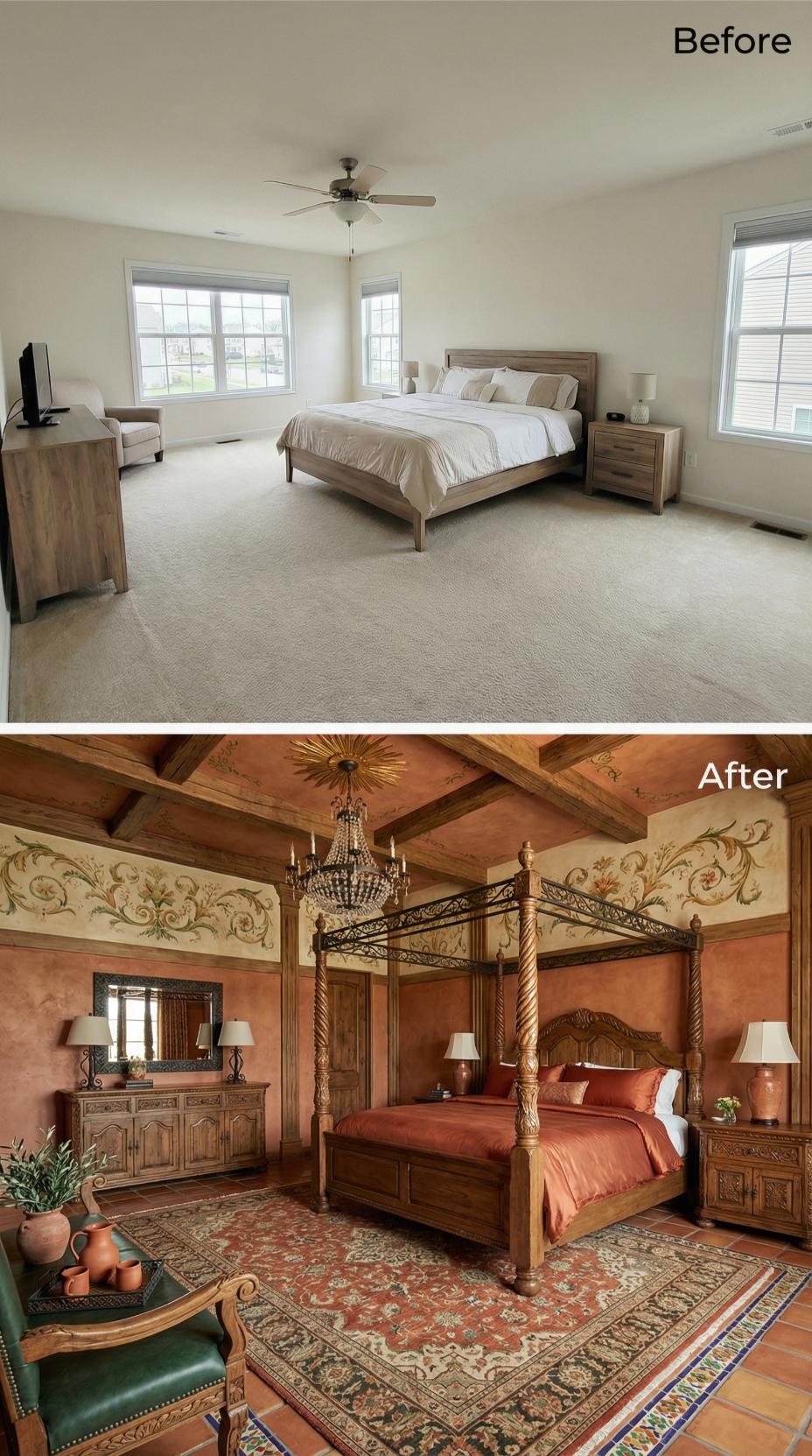 Terracotta Plaster Walls, Carved Four-Poster Bed, and Hand-Painted Scrollwork That Never Quits