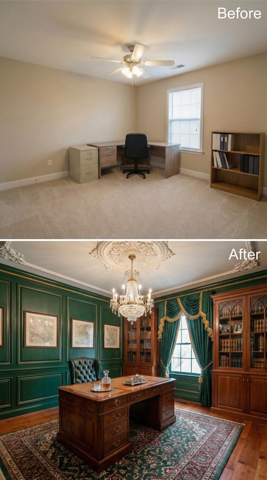 Crystal Chandelier and Emerald Wall Panels Anchor Vintage Study