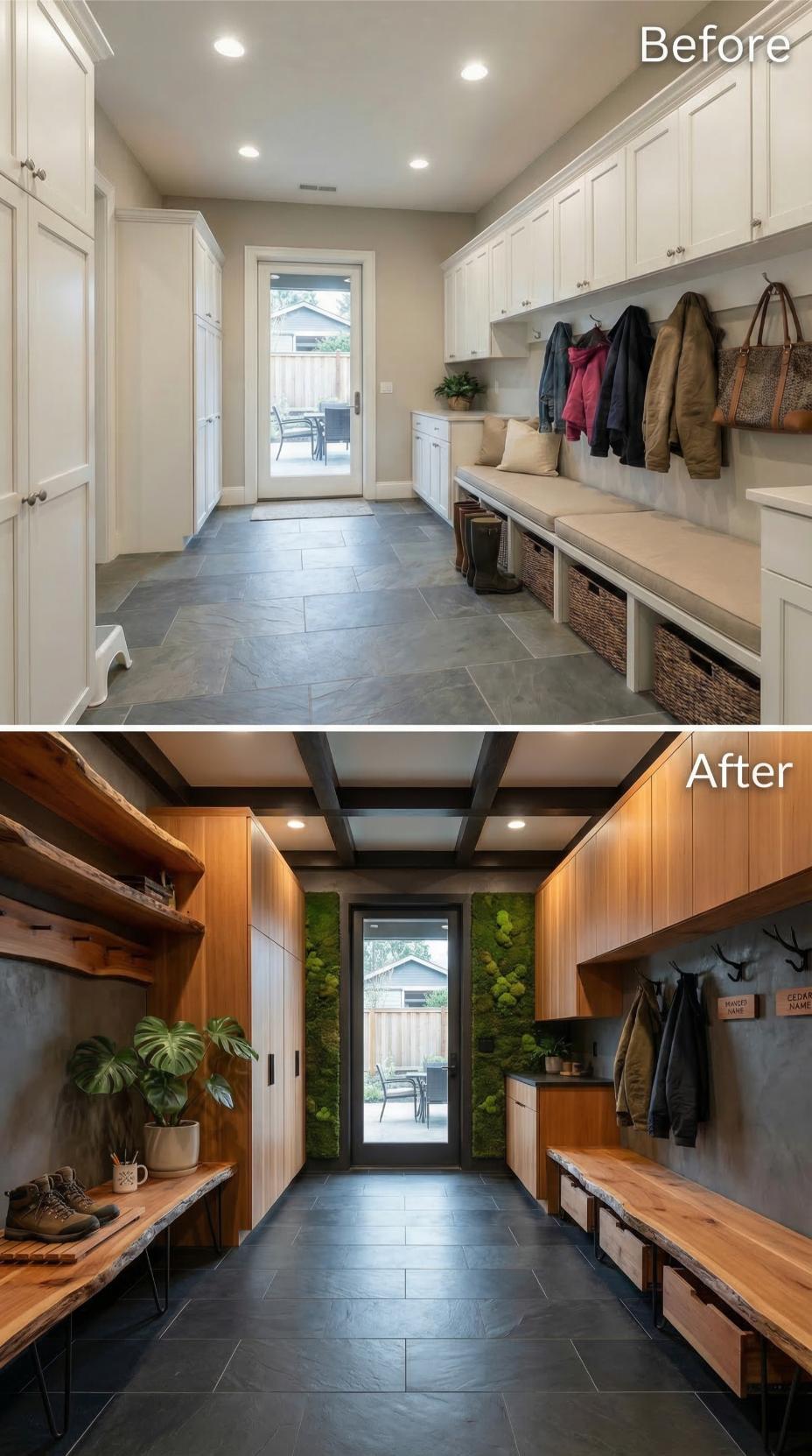 Coffered Grid Ceiling and Vertical Moss Walls Replace White Shaker