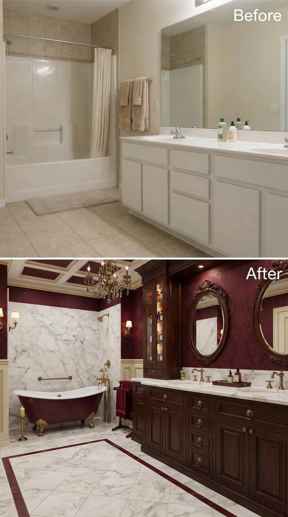 Burgundy Velvet Walls and Clawfoot Tub Replace Standard Beige Shell