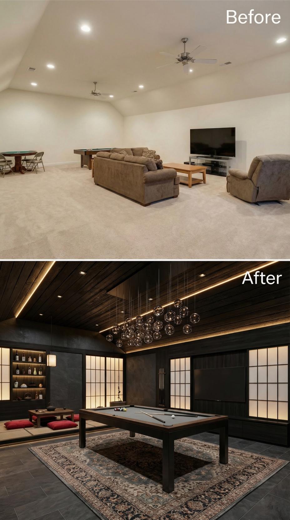 Japanese Inspired Leisure Suite with Wood Slat Ceiling and Bubble Chandelier