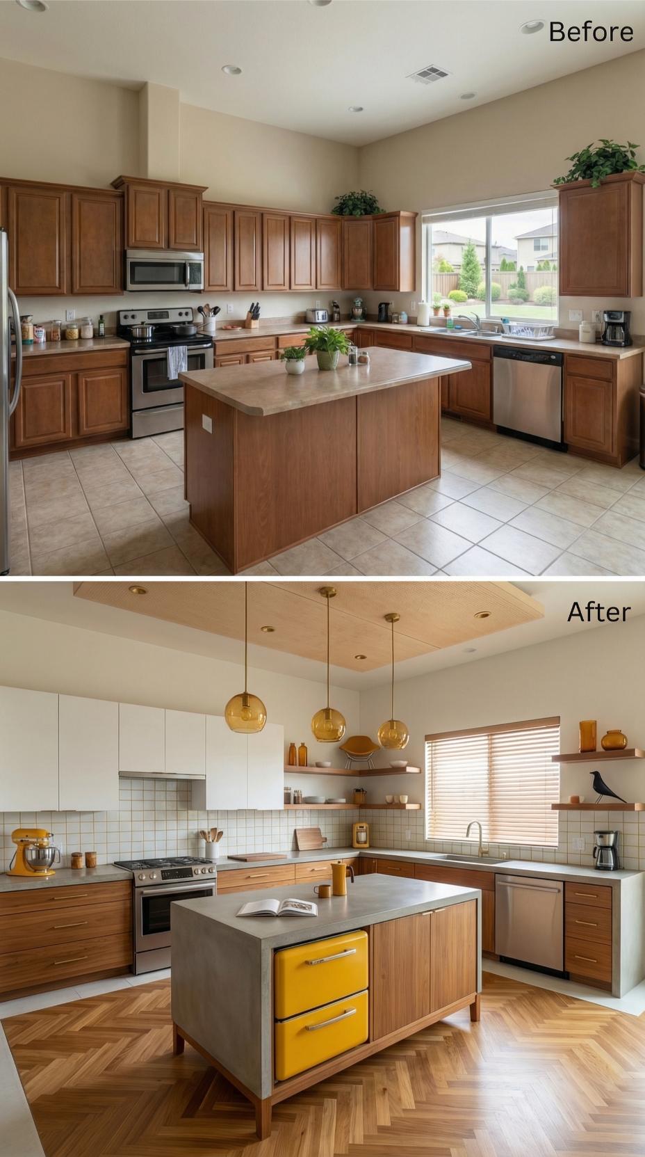 Blonde Wood and White Two-Tone Cabinets With Open Shelving Above Tile Backsplash