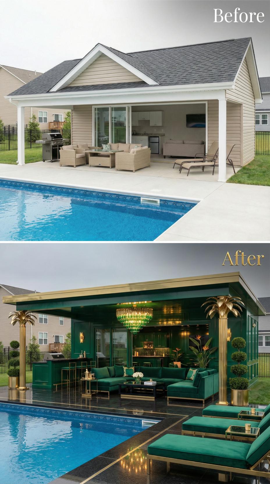 Emerald Lacquer Walls and Gilded Palm Columns Create Art Deco Drama