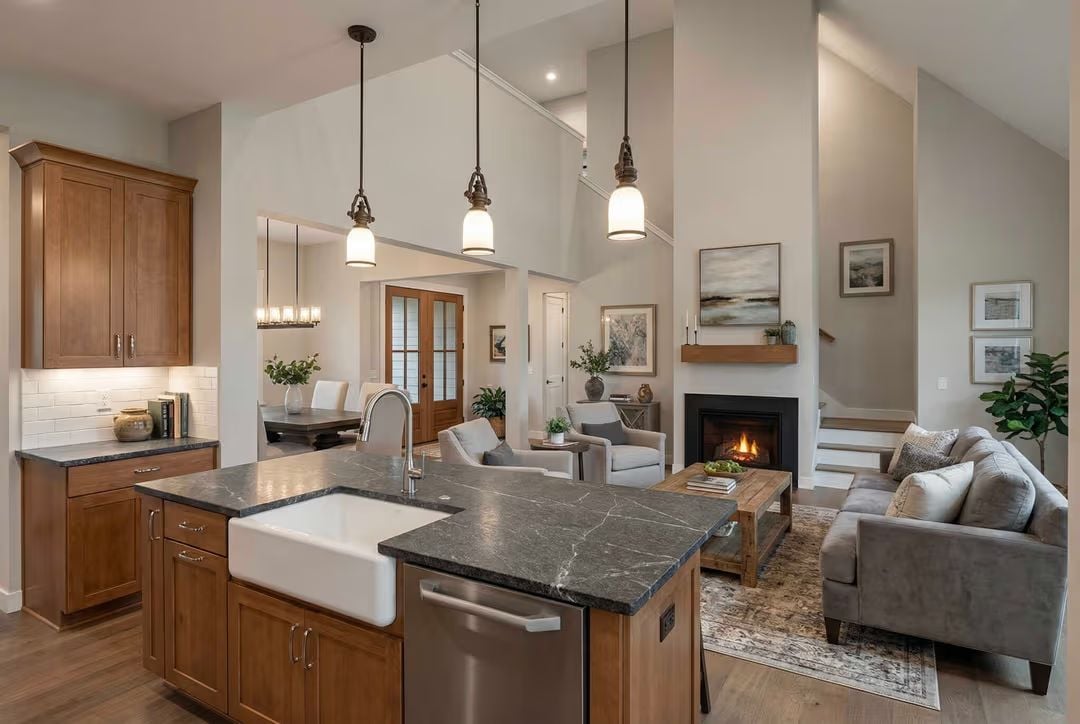 Dark Granite, Farmhouse Sink, and Fireplace Glow in One Sightline