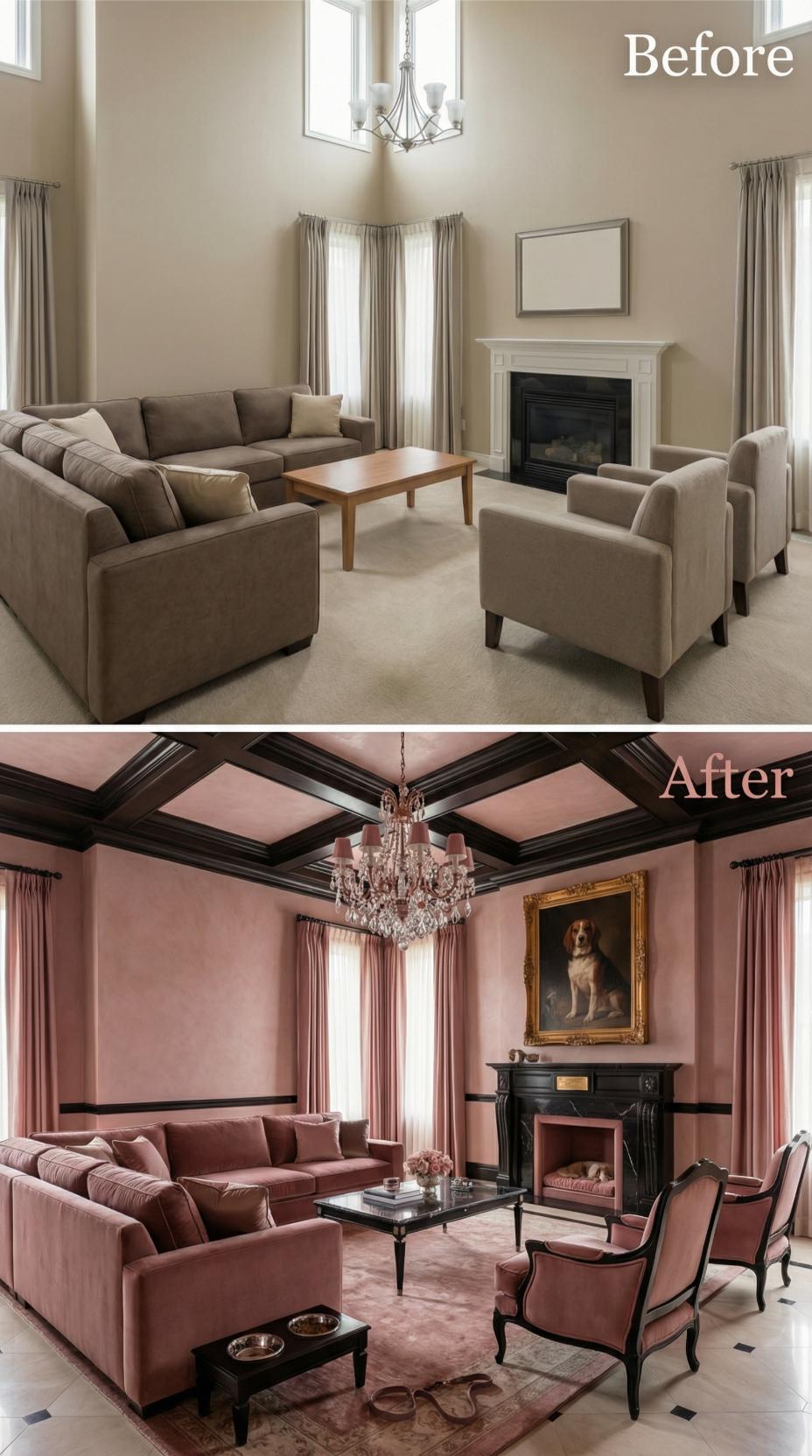 Coffered Black Ceiling and Blush Velvet Usher Out Builder Neutrals