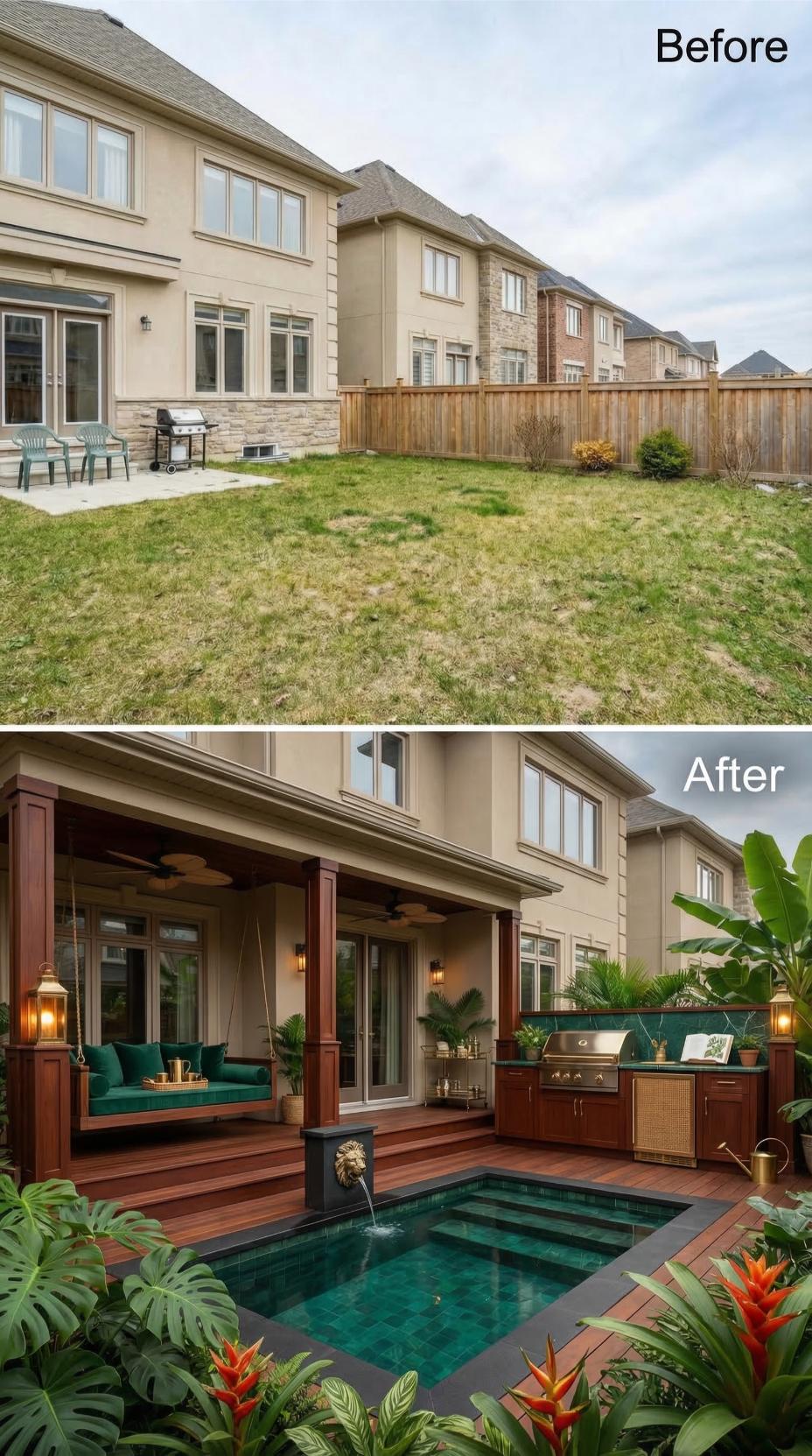 Mahogany Deck, Lion-Head Spout, and a Swing Bed Replace a Builder Backyard