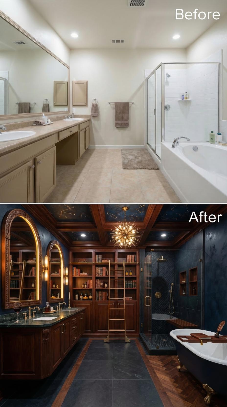 Dark Navy Walls, a Constellation Ceiling, and Floor-to-Shelf Mahogany Took Over