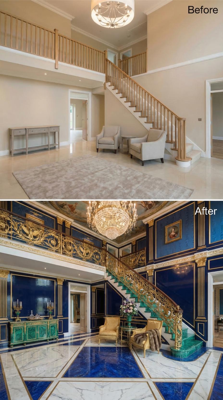 Cobalt Lacquer Walls, Malachite Stair Risers, and Gold Scrollwork Replaced Oak and Beige