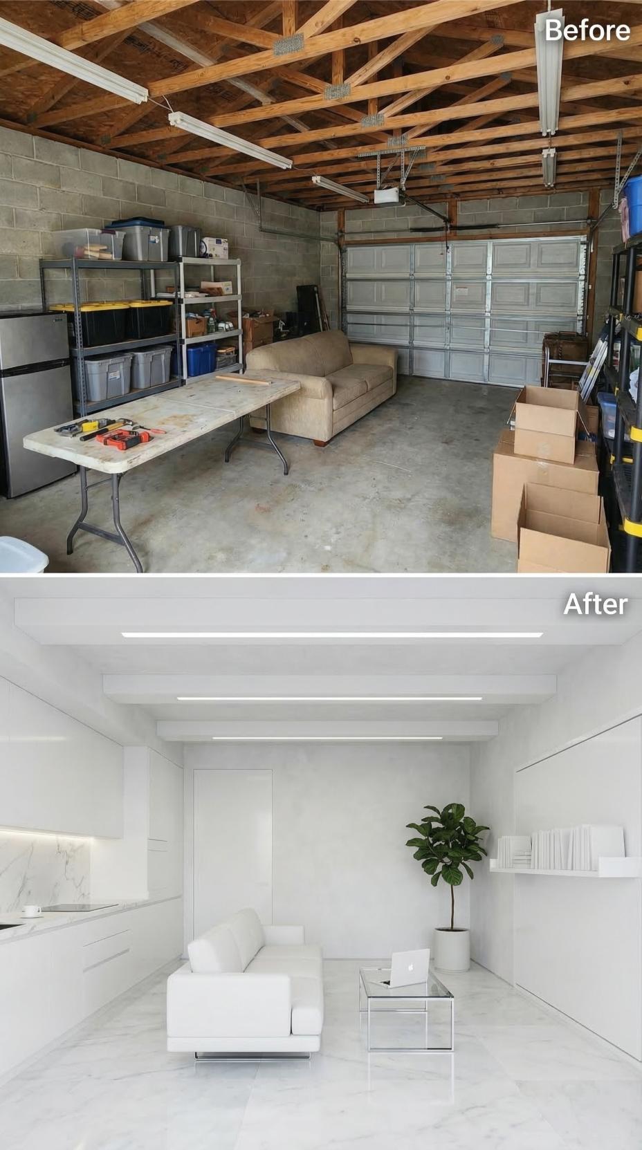 White Plaster, Linear LEDs, and a Fiddle Leaf Fig Replaced a Garage Full of Cardboard Boxes