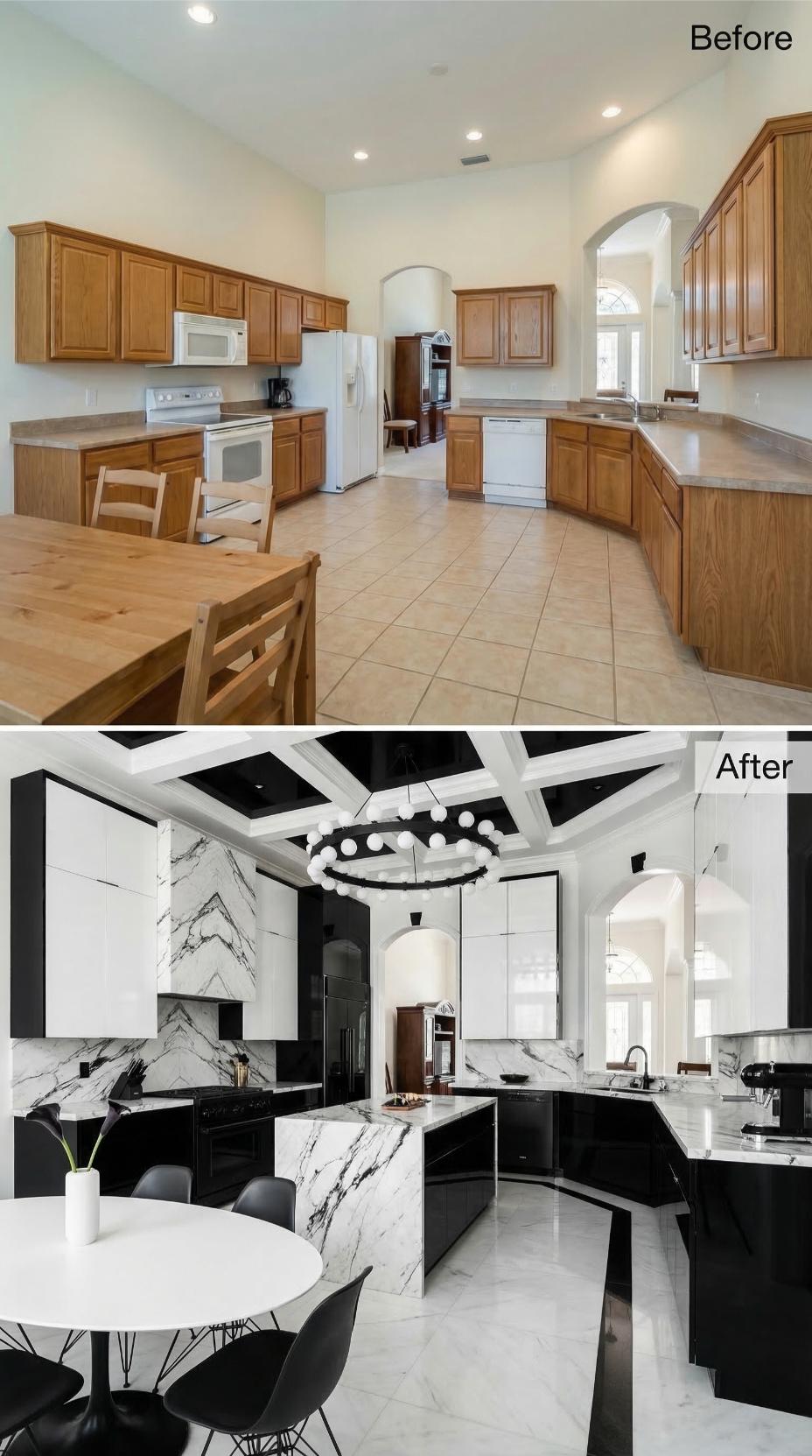 Black Lacquer Cabinets and Veined Marble Swap Out Warm Oak for High-Contrast Drama