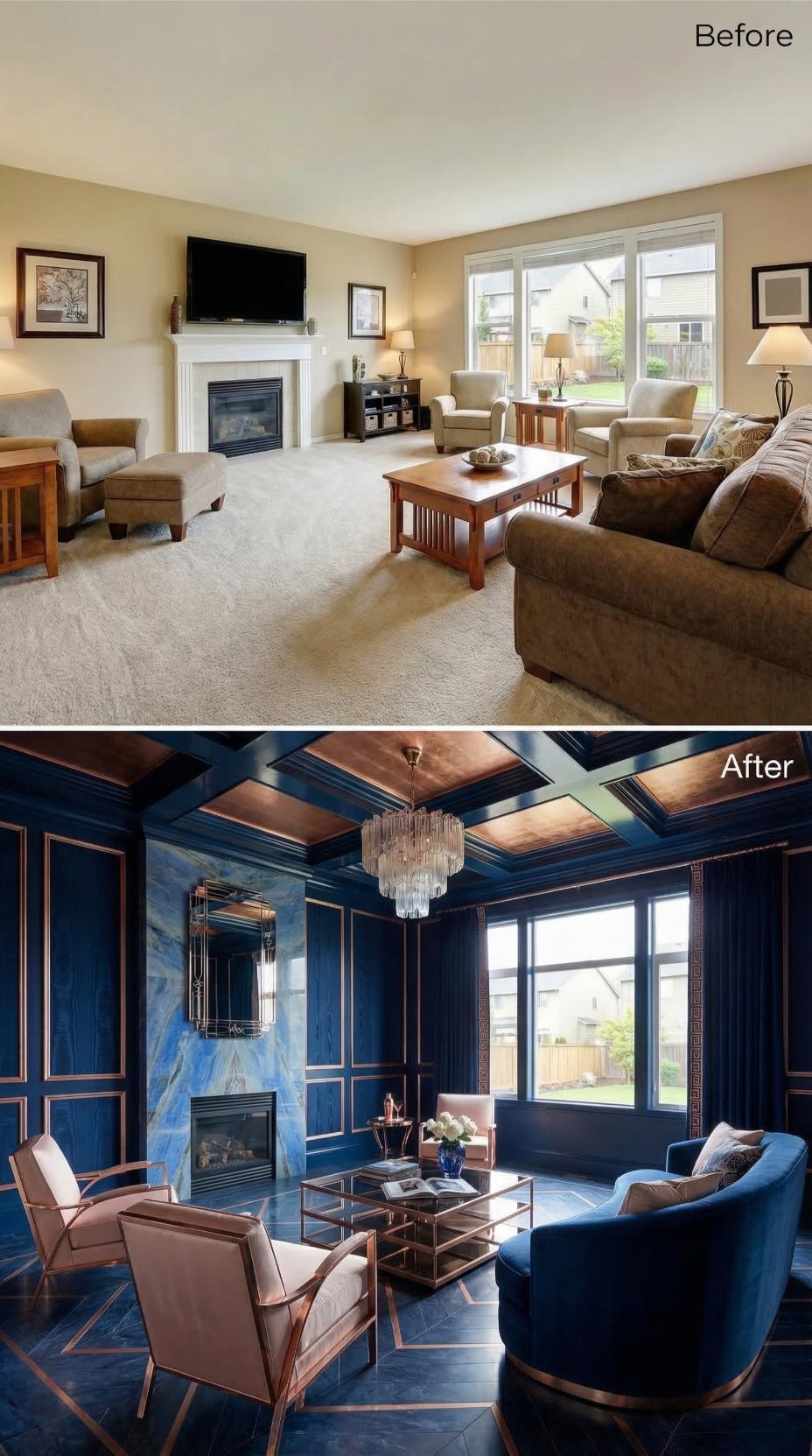 Navy Walls, Copper Coffered Ceilings, and Zero Apologies for the Beige That Came Before