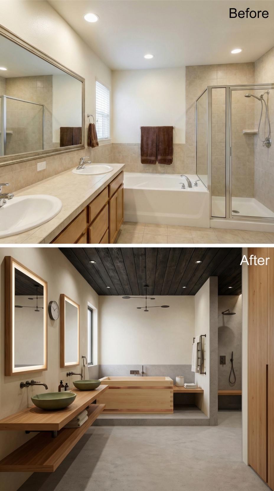 Hinoki Wood, Vessel Sinks, and a Dark Shiplap Ceiling Replaced Every Builder Fixture