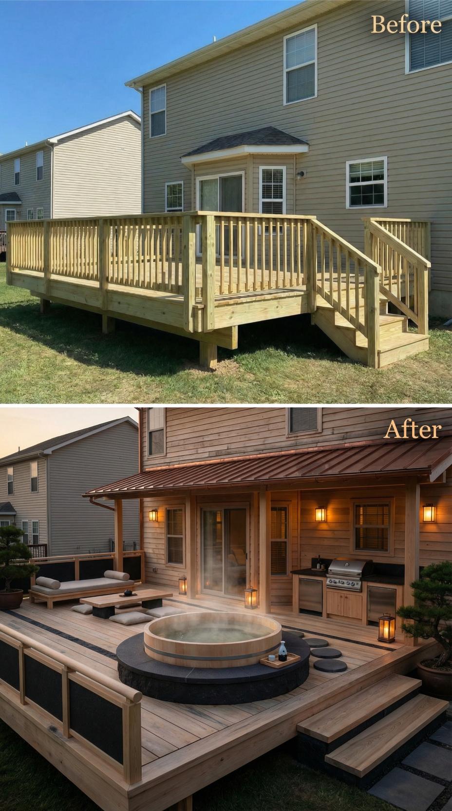 Modest Starter Deck Gains Circular Hot Tub and Metal Roof Canopy