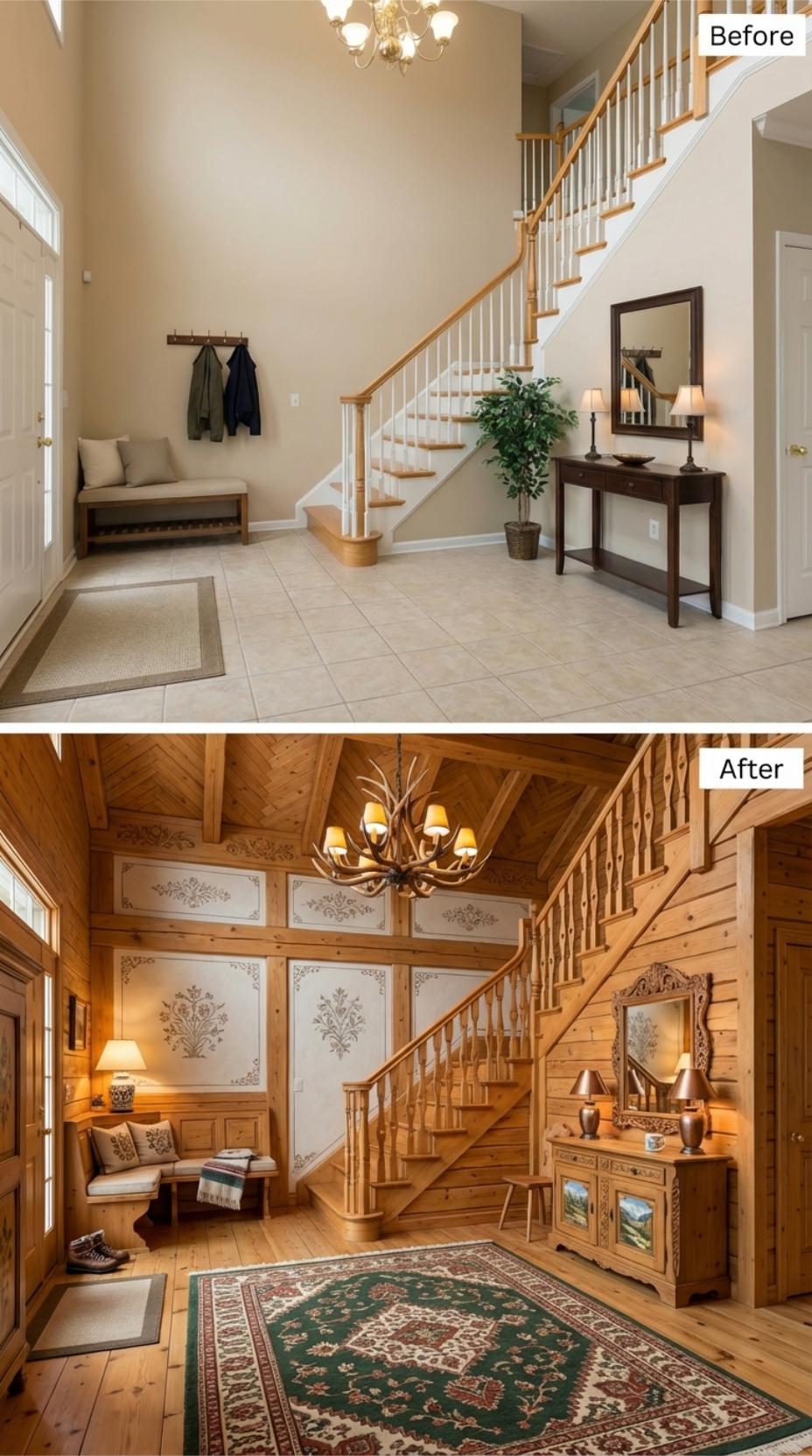 Antler Chandelier and Knotty Pine Paneling Replace Beige Tile in a Two-Story Foyer