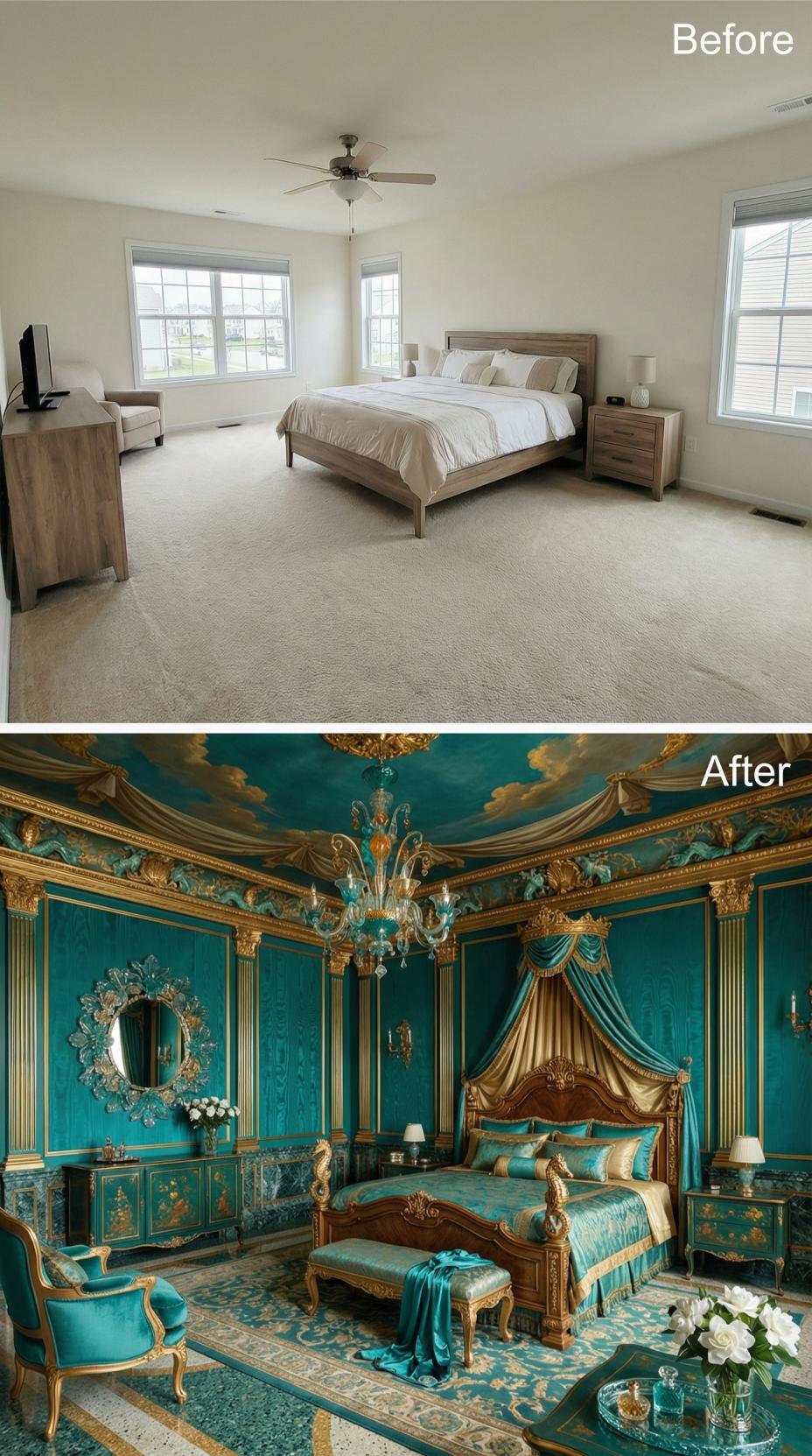 Teal Damask Walls, Murano Glass Chandelier, and Gold Moldings That Refuse to Rest