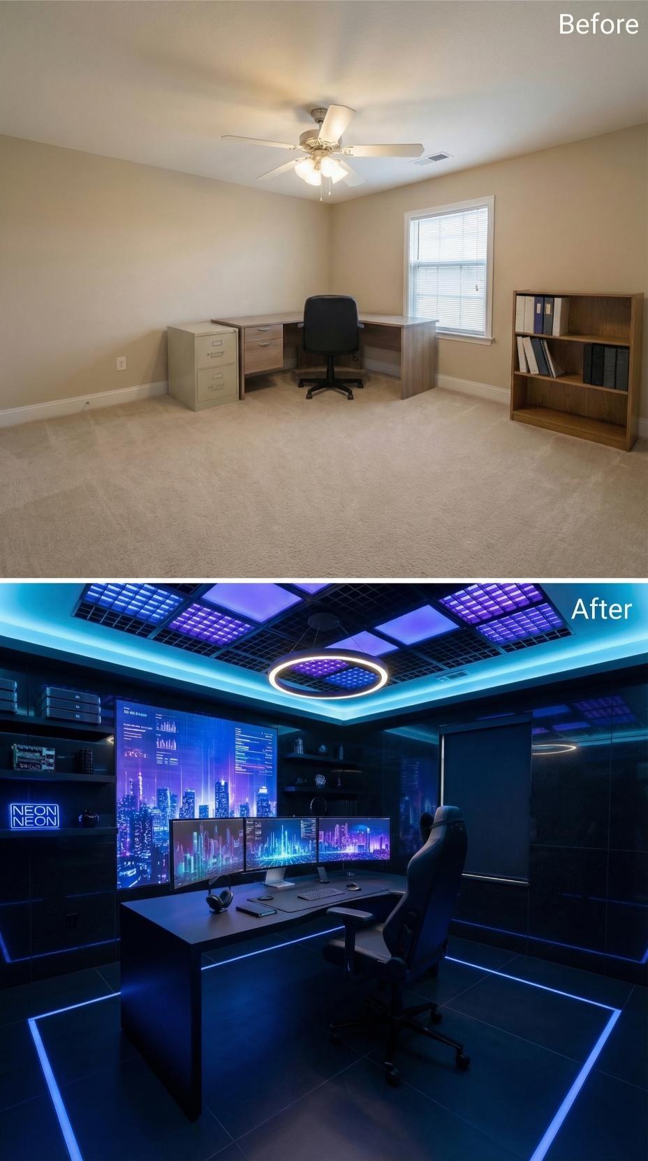 Neon-Lit Command Center with LED Grids and Cyberpunk Cityscape Monitors