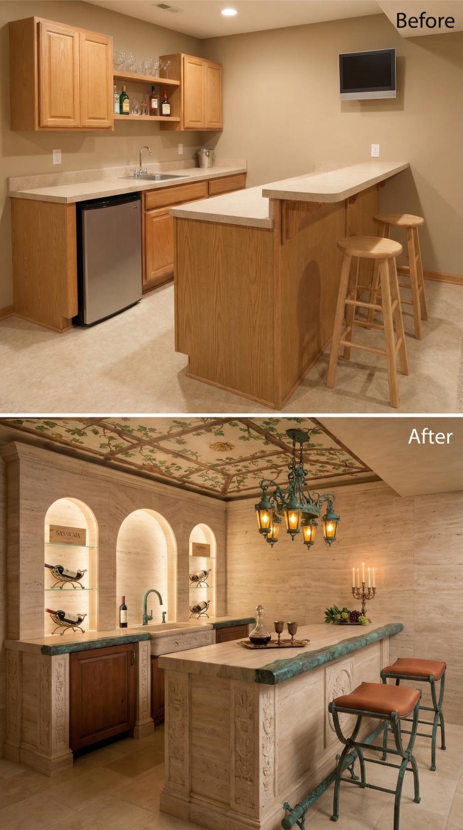 Trompe-l'Oeil Grapevine Ceiling and Arched Wine Niches Replace Oak Kitchenette