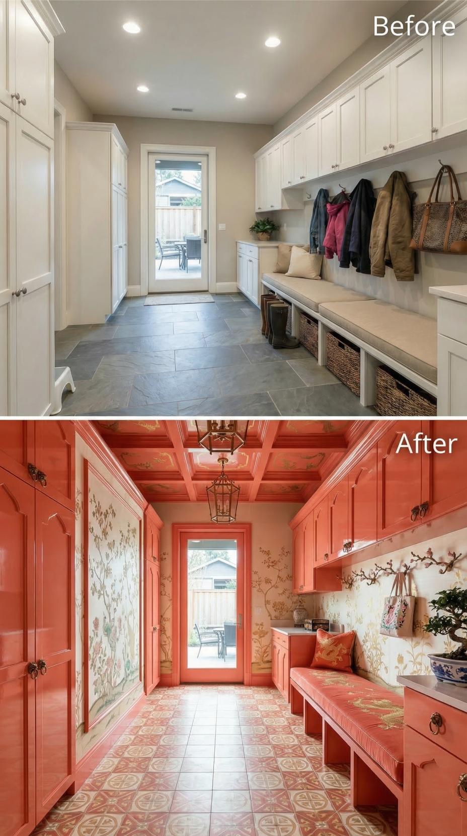 Coral Lacquer Cabinetry and Chinoiserie Panels Replace Neutral Shaker
