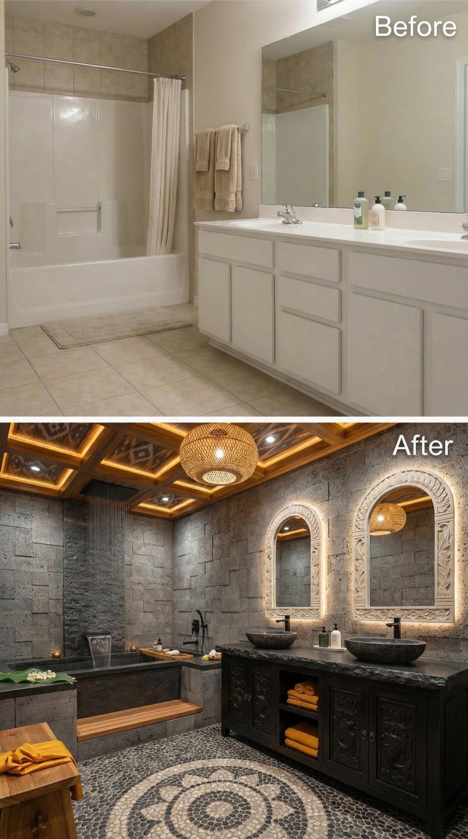 Stone Archway Mirrors and Coffered Ceiling with Backlit Niches