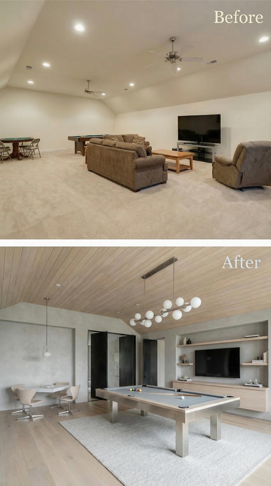 Scandinavian Minimalism Anchored by Wood Plank Ceiling and Sputnik Chandelier