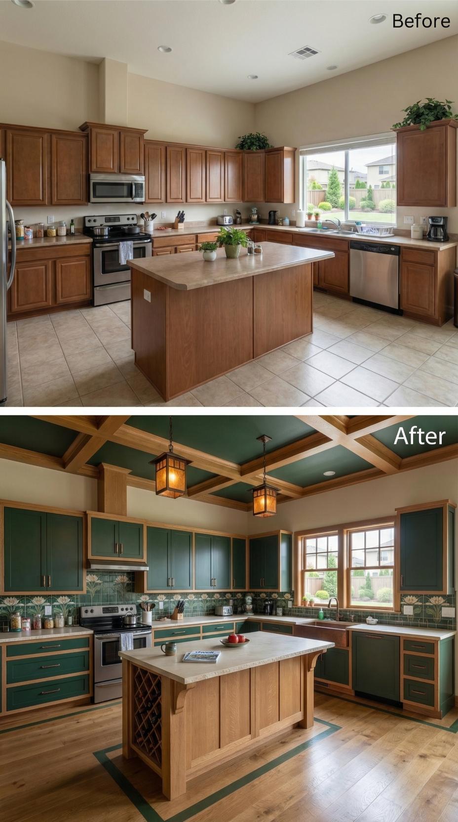 Deep Teal Cabinets and Natural Oak Ceiling Beams Replace Beige Builder Standard