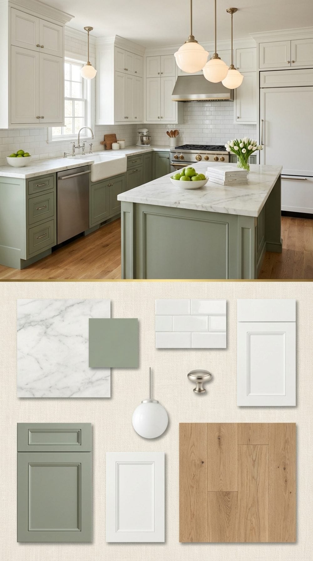 Transitional Green and White Kitchen with Shaker Cabinets and Marble Countertops