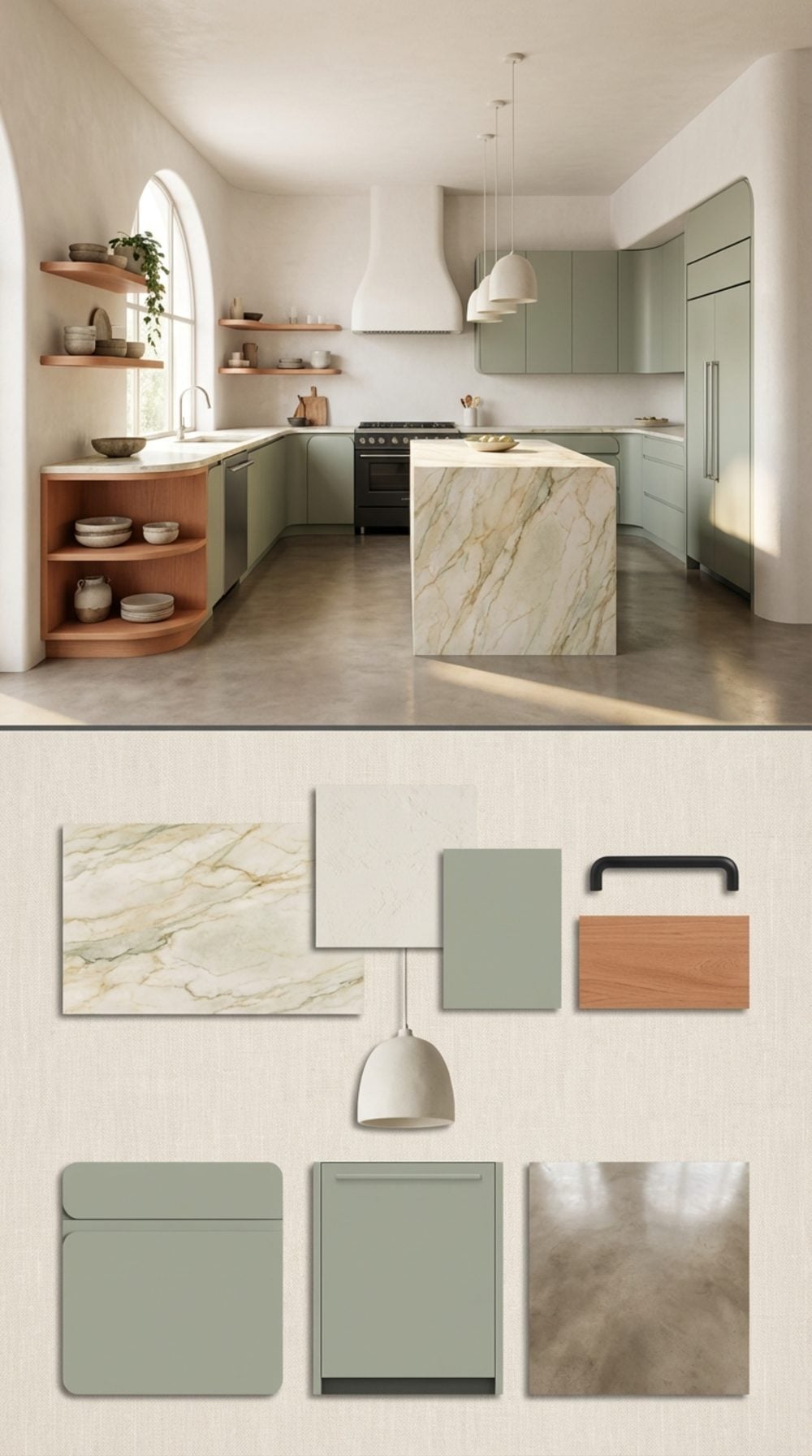 Organic Modern Green Kitchen with Curved Plaster Walls and Quartzite Stone