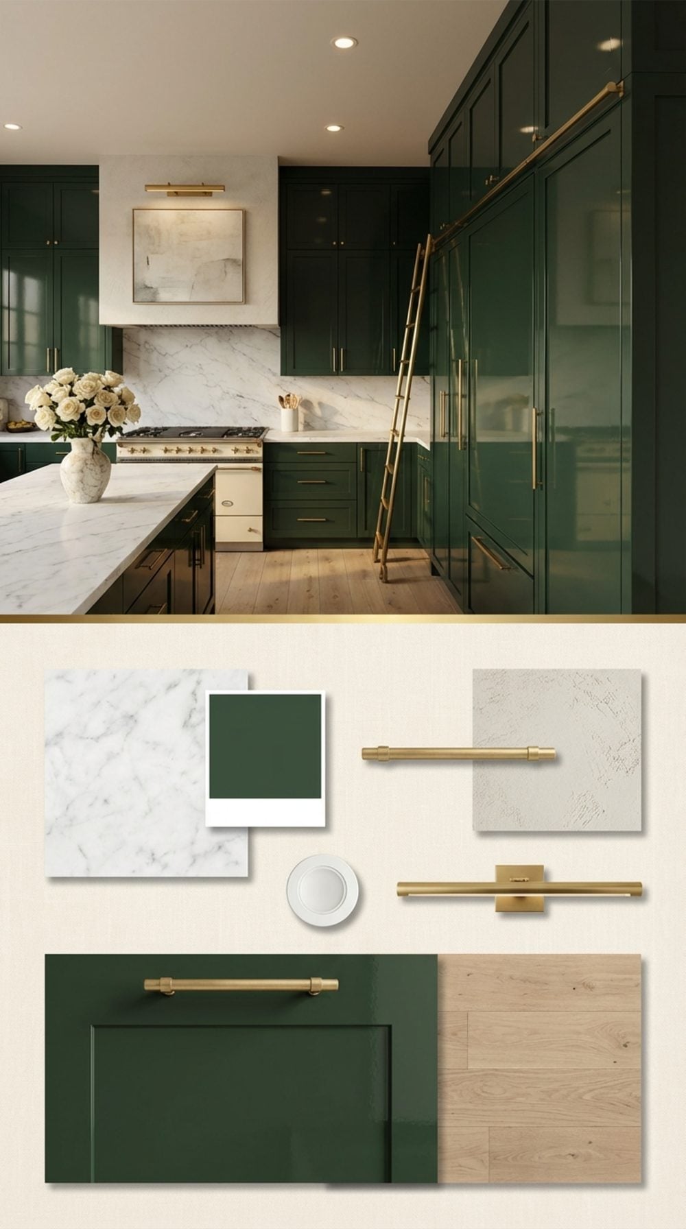 Quiet Luxury Green Kitchen in Forest Green Lacquer with Unlacquered Brass