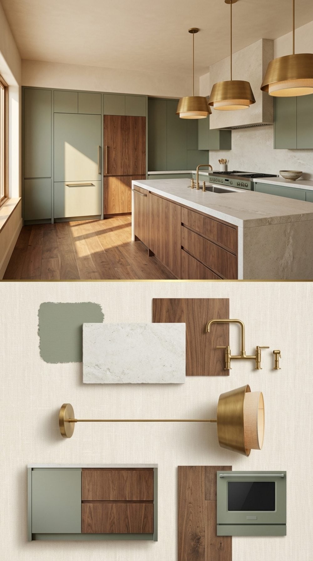 Warm Minimalist Kitchen in Sage Green with Walnut and Honed Limestone