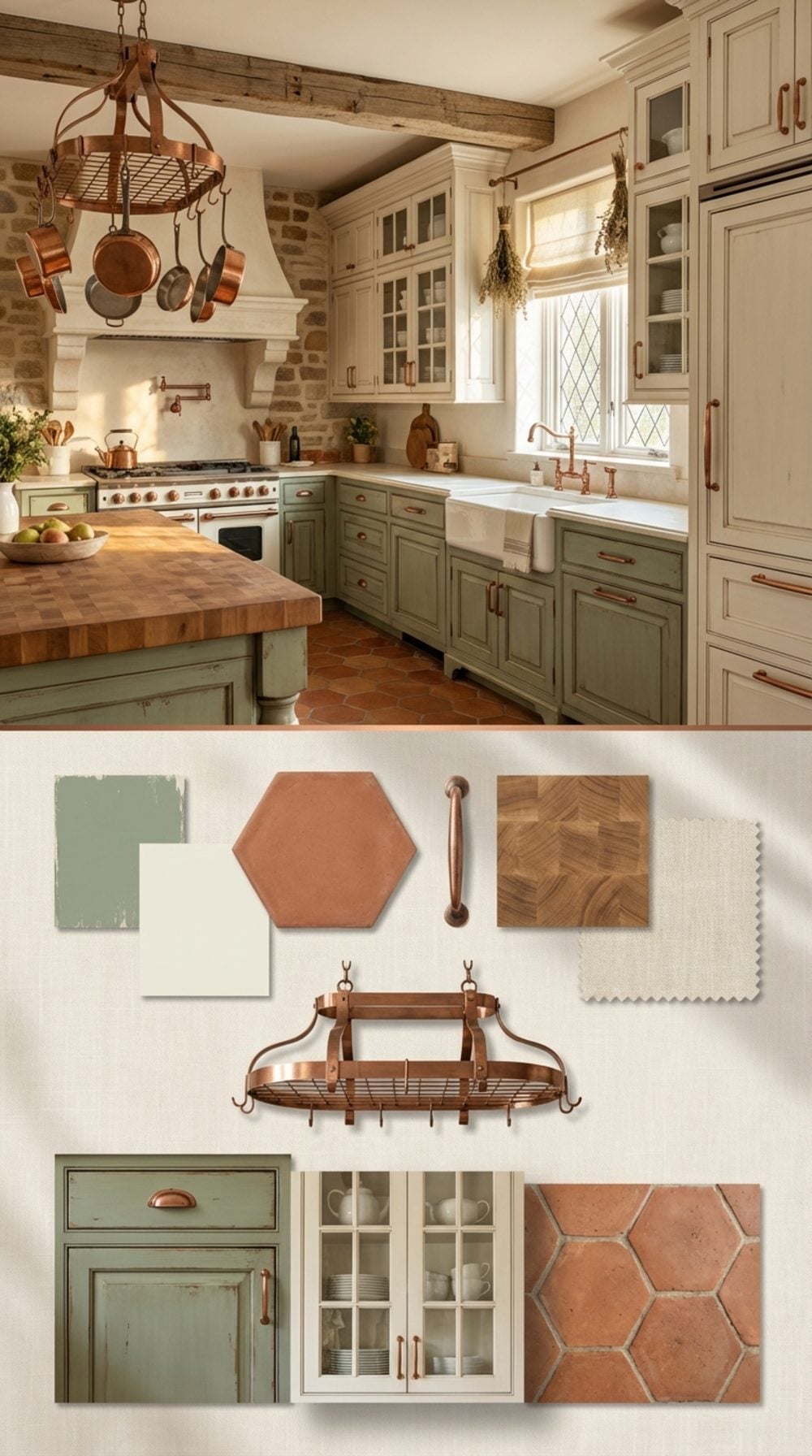 French Country Kitchen in Sage and Antique White with Terracotta and Copper
