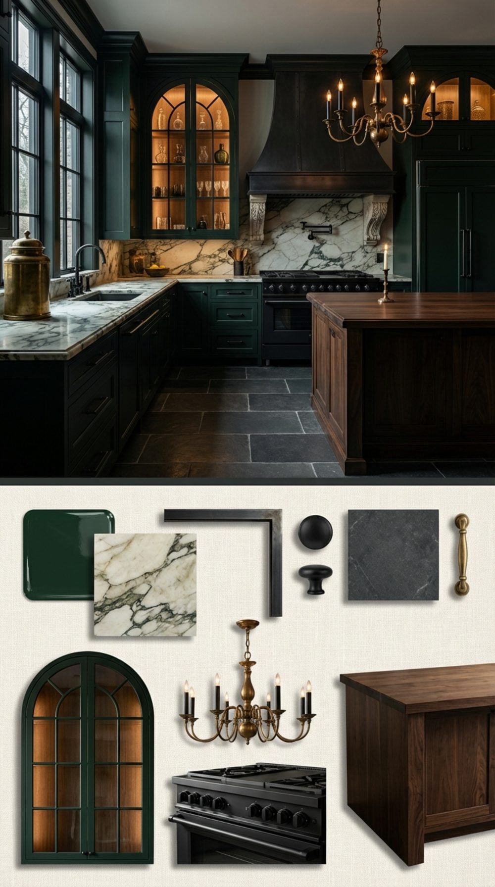 Dark Moody Gothic Kitchen in Bottle Green and Aged Bone White with Blackened Steel
