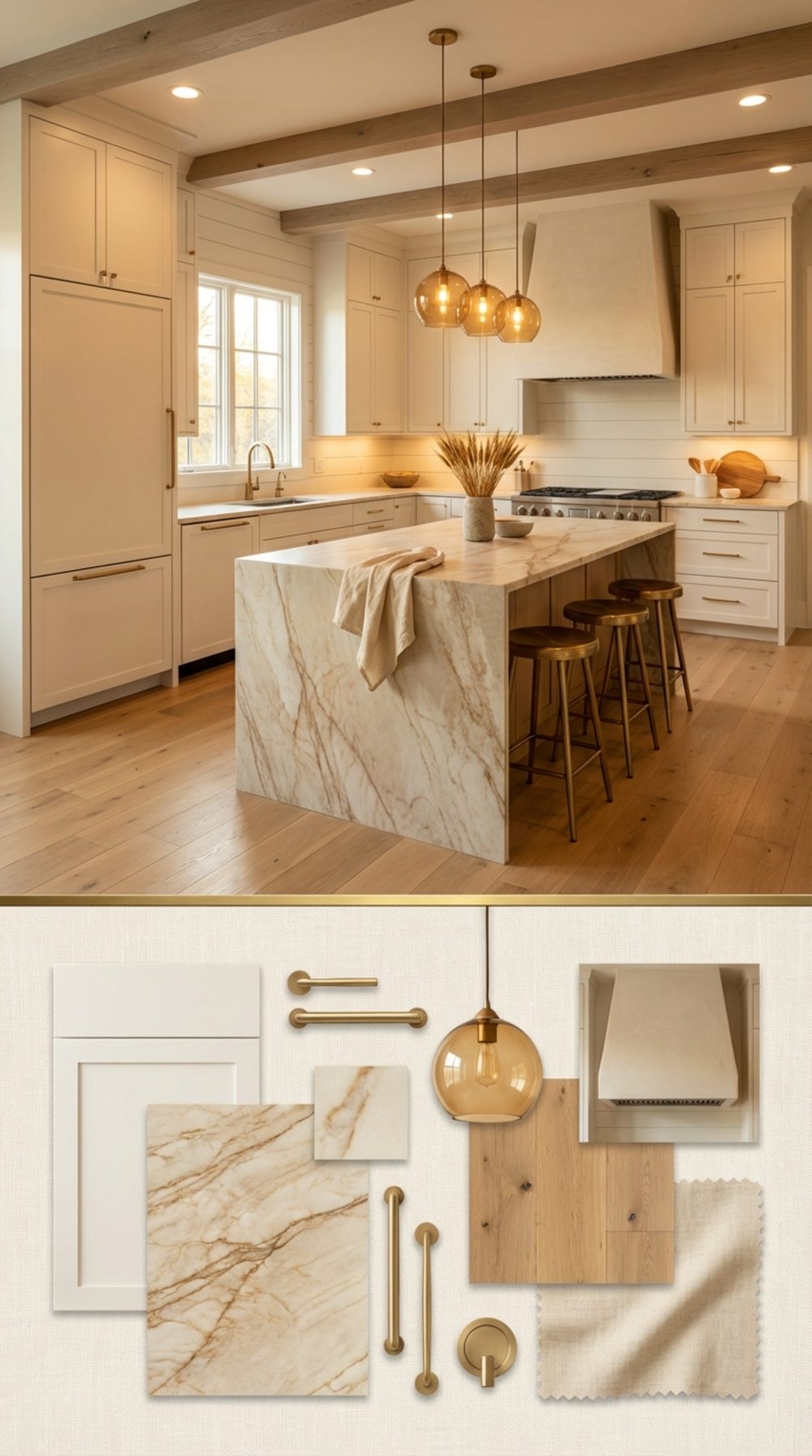 Warm Alabaster Cabinetry with a Leathered Quartzite Island and Unlacquered Brass Hardware