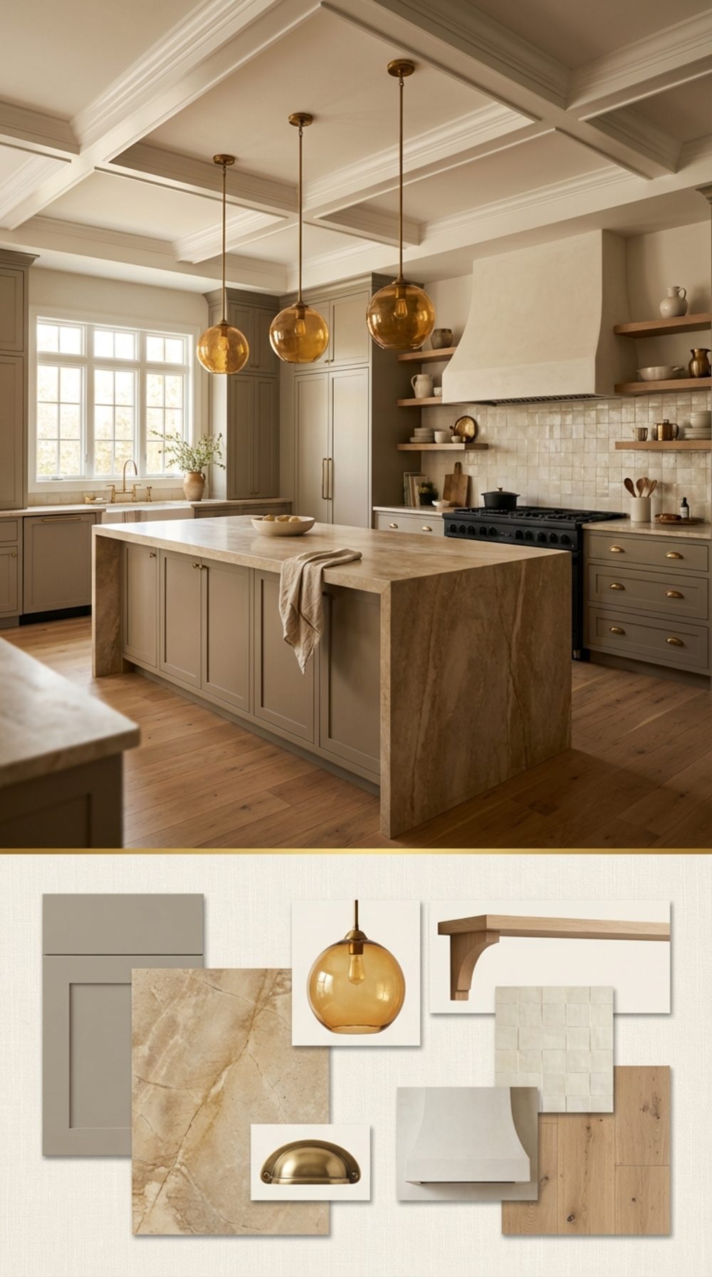 Aged Limestone Island and Matte Black Integrated Appliances in a Warm-Toned Farmhouse Kitchen
