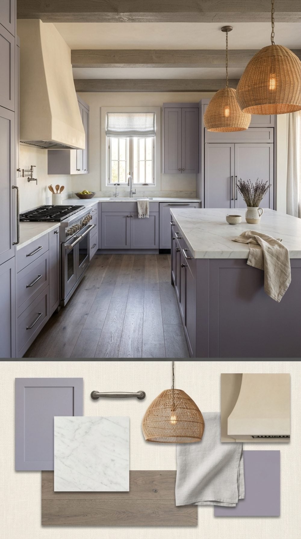 Dusty Lavender Cabinetry with Honed Calacatta Marble and Aged Pewter Fixtures