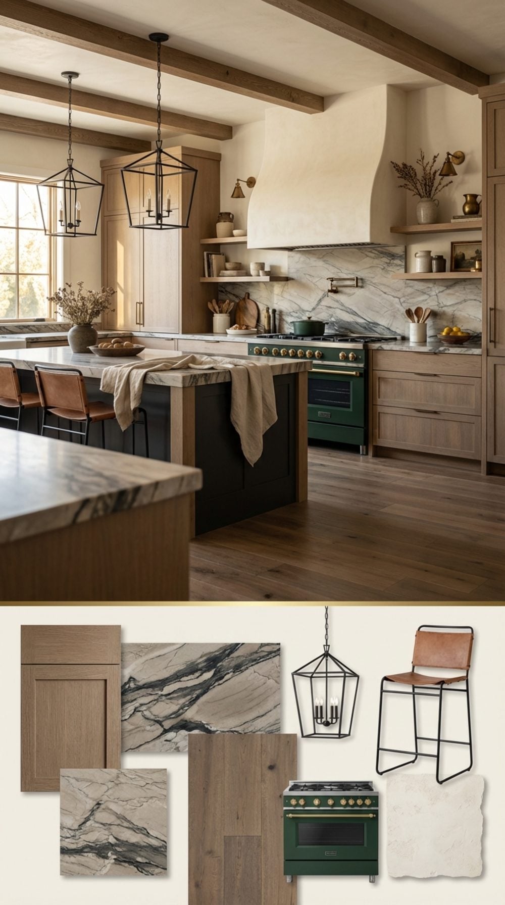 Smoked Oak Cabinetry, Quartzite Counters, and a Barrel-Vault Range Hood in a Deep Farmhouse Kitchen
