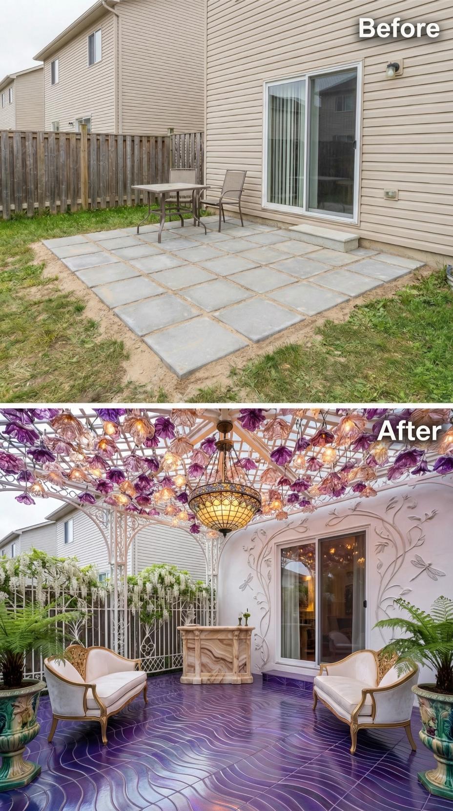 Plain Slabs Demolished for Palatial Pergola with Purple Herringbone Floor