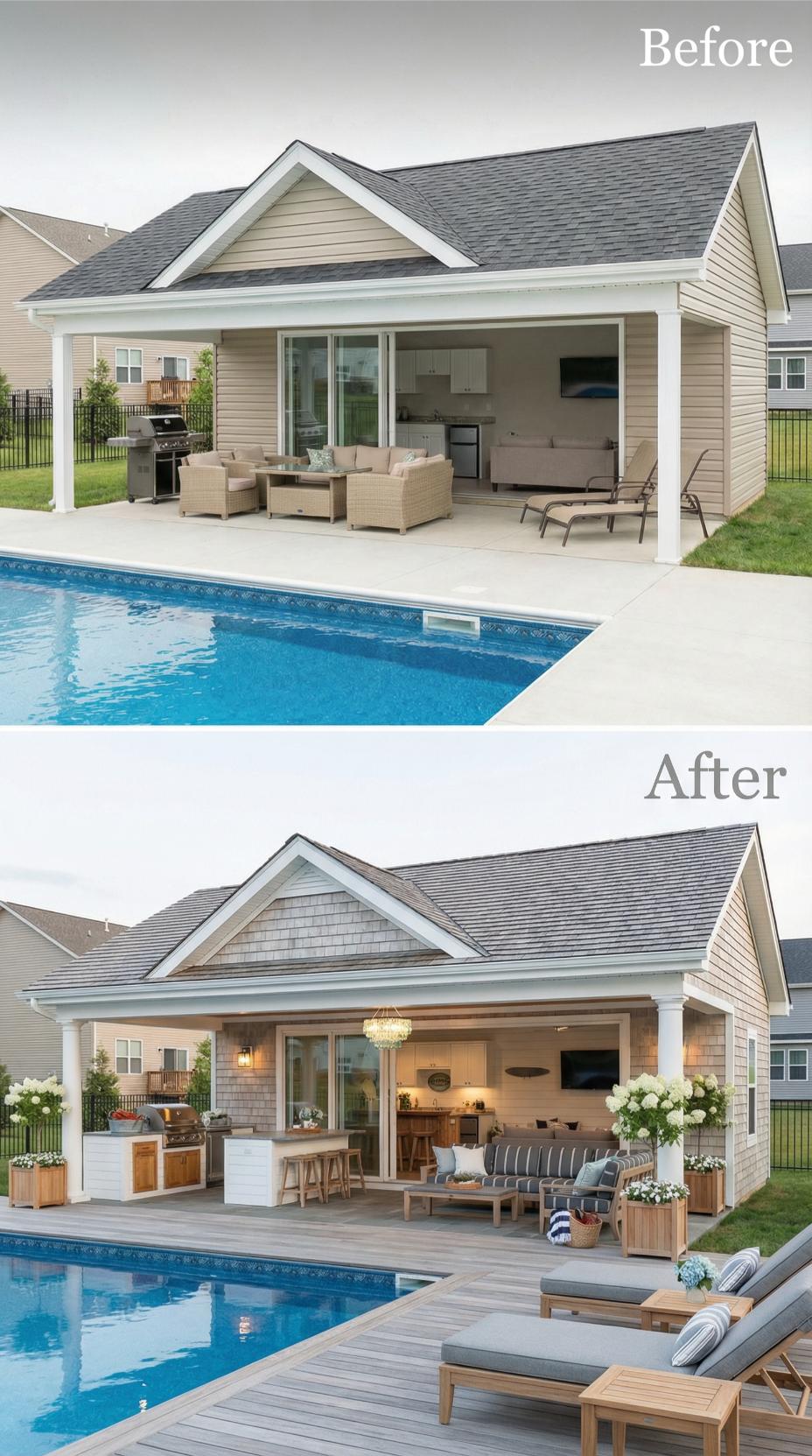 Shingle Gable and Beige Loungers Replaced by Coastal Cabana with Teak Deck