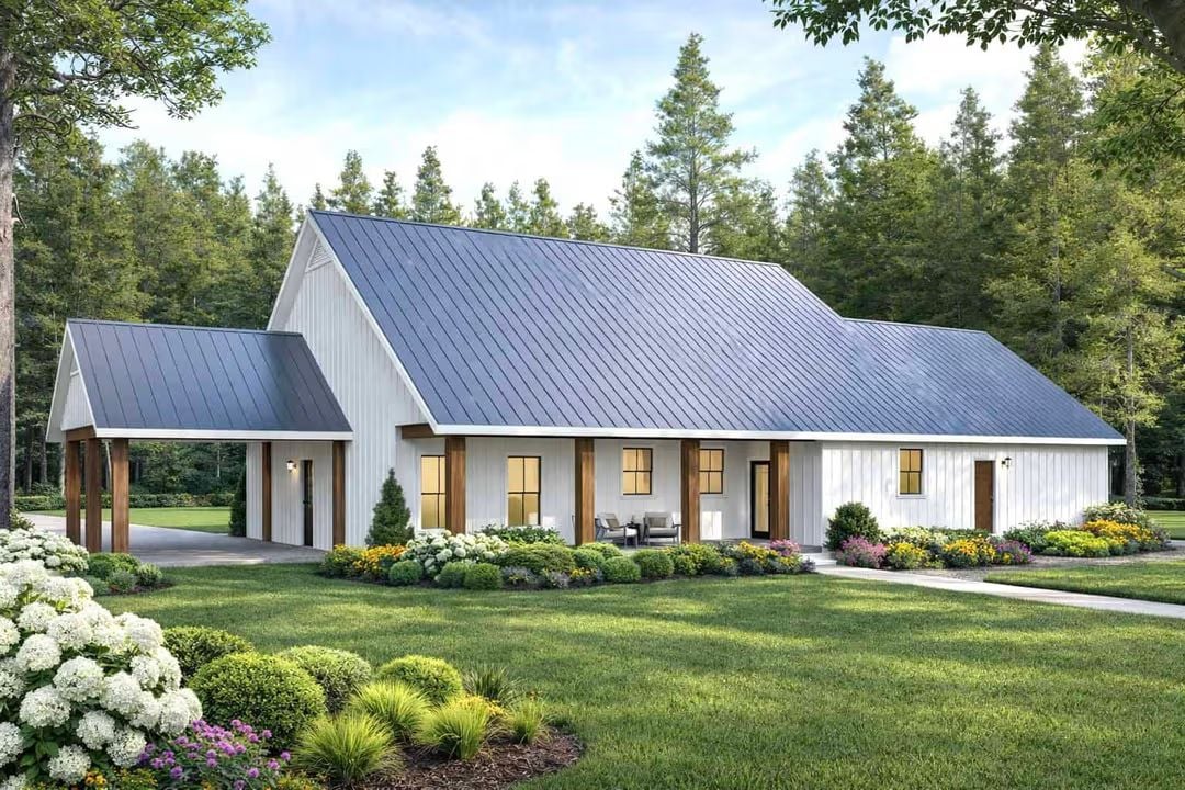 White Board-and-Batten Exterior with Metal Roof and Covered Porch