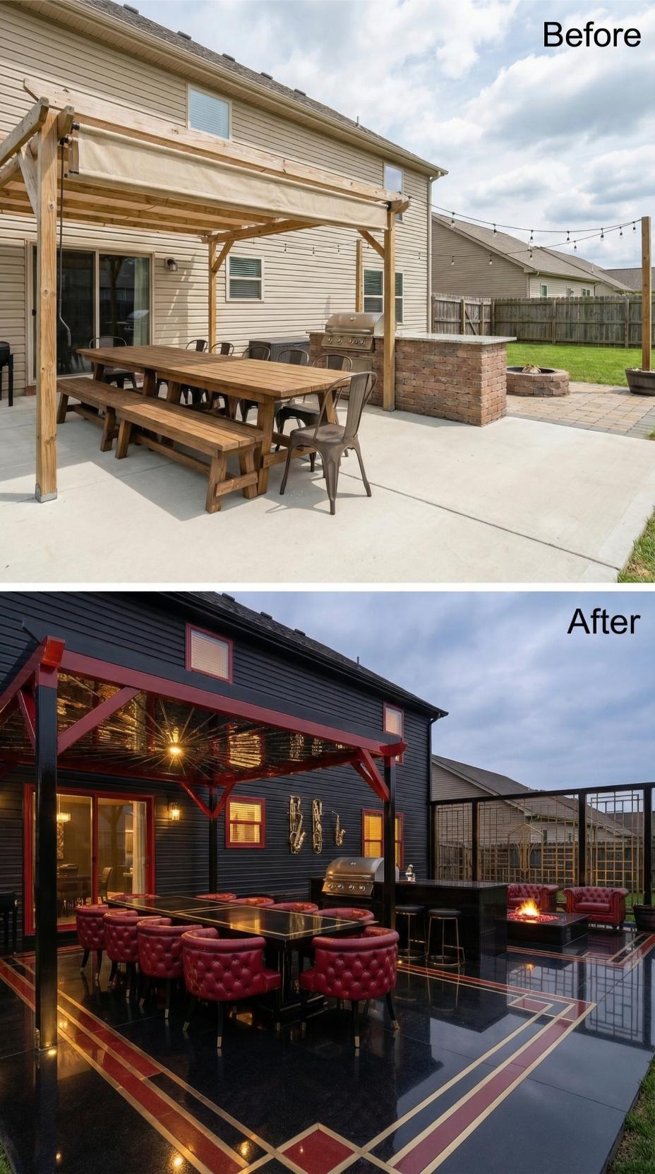 Beige Siding to Navy Horizontal Planks with Red Pergola and Brass Accents