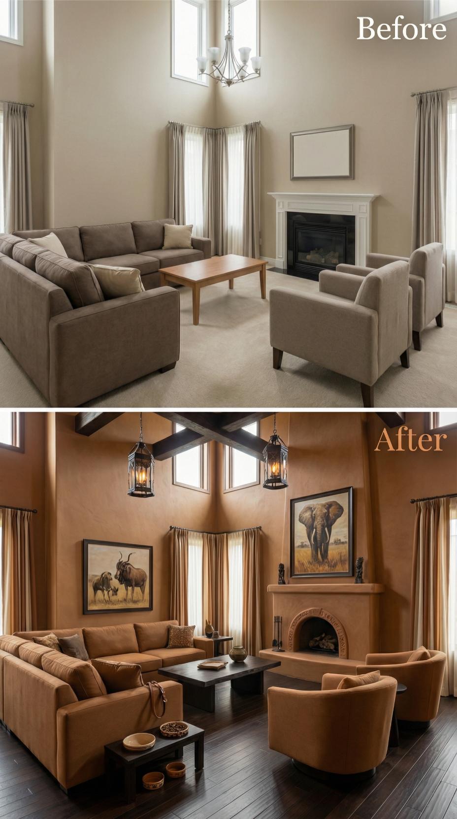 Warm Amber Walls and Dark Wood Beams Replace Pale Neutral Staging
