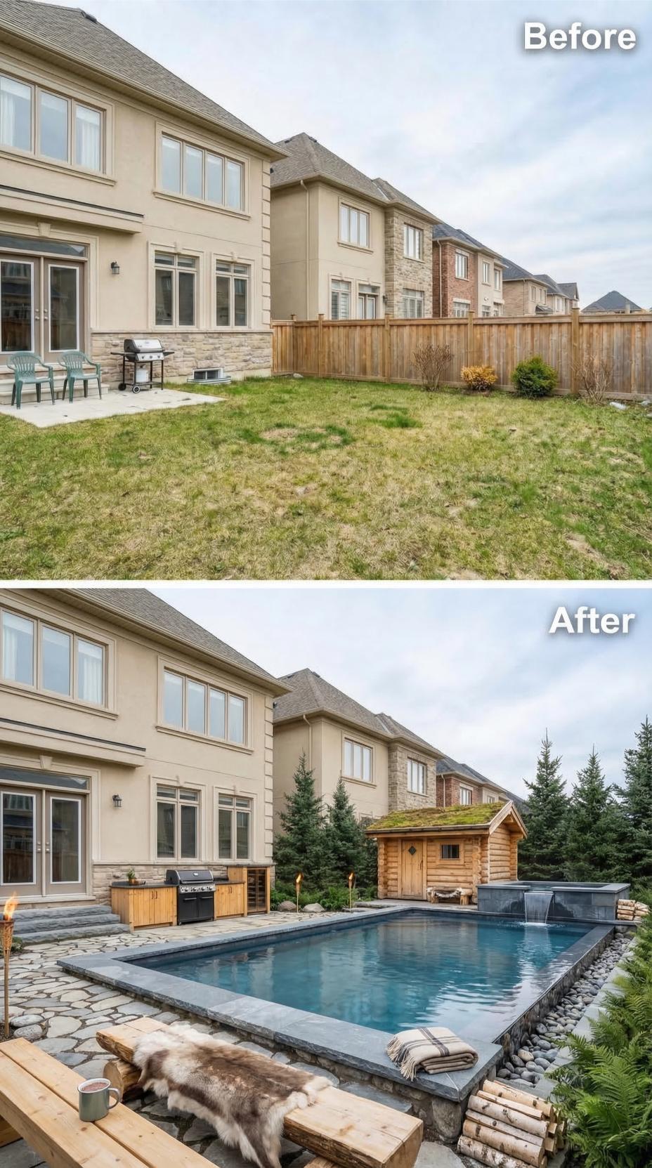 Log Cabin Sauna, Slate-Edged Pool, and a Waterfall Spill Replace a Flat Suburban Lawn