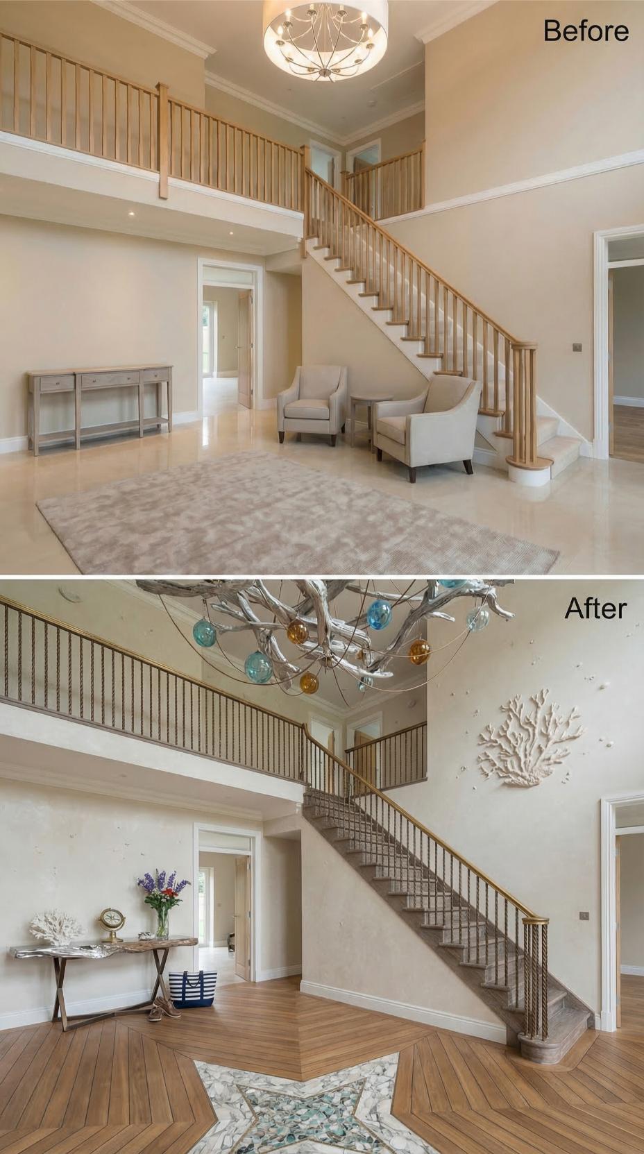 Iron Balusters, Driftwood Art, and Herringbone Hardwood Replaced Oak and Beige