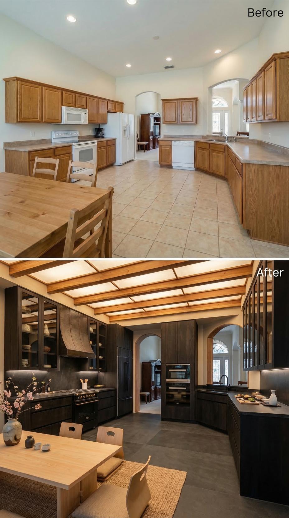 Backlit Cedar Ceiling Panels and Charcoal Cabinetry Bury a Honey-Toned Builder Kitchen